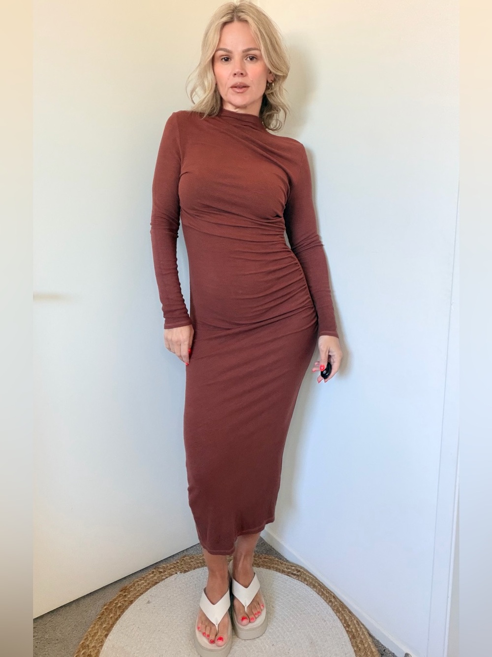 New Enza Costa Silk Knit Longsleeve Twist Midi Dress in Nutshell Brown